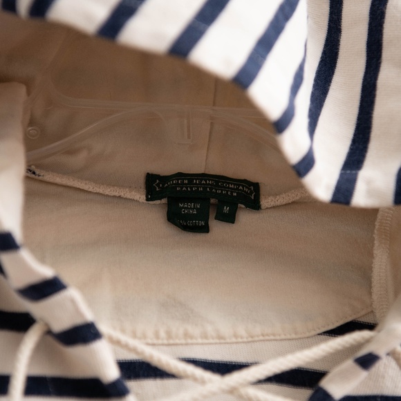 Polo Jeans Company Womans M Pull Over Navy Blue & White Stripe Hooded Drawstring - Picture 3 of 4